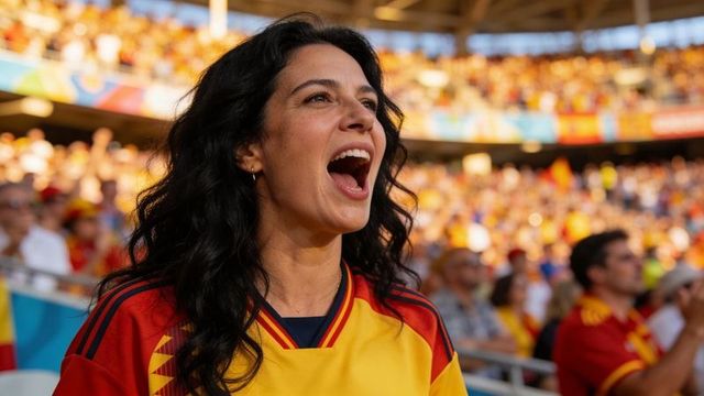 Cheering female sports fan wearing yellow and red jersey in sunlit stadium crowd