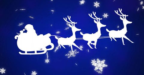 Santa’s Sleigh Silhouette with Reindeer on Blue Snowy Background