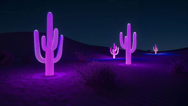Neon cacti illuminating starry desert landscape