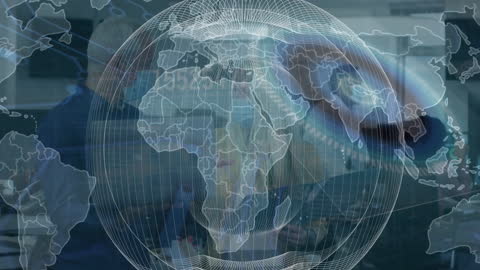 Global Business Team Analyzing Digital World Map in Modern Office