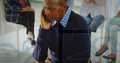 Senior man calling on smartphone in clinic waiting room with digital healthcare overlay