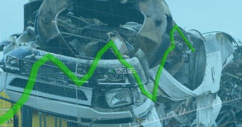Financial trends superimposed on junkyard car parts