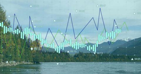 Translucent Financial Data Overlaid on Serene Mountain Lake