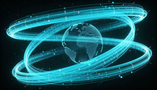 Rotating digital globe with cyan orbital rings and holographic network visualization