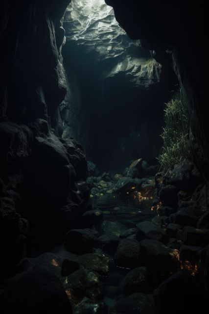 Mysterious dark cave with a rocky ceiling illuminated by natural light. Ideal for adventure themes, geology content, spelunking promotions, and cinematic scenery. Can be used to evoke a sense of mystery, exploration, and the natural beauty of underground landscapes.