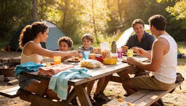 Family sharing picnic and passing plates at sunlit campsite with tents and forest