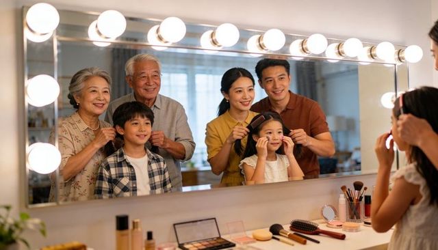 Multigenerational asian family grooming daughter at lighted vanity mirror, joyful morning