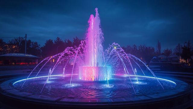 Colorful illuminated fountain at night in modern urban plaza
