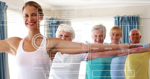 Young instructor leading senior group stretching in bright fitness class with hud overlay