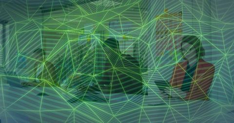 Business team collaborating with augmented reality data visualization overlay in office