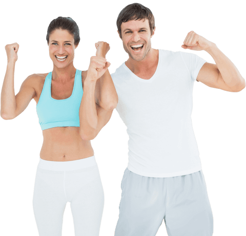 Happy Athletic Couple in Sportswear Celebrating on Transparent