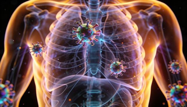 Transparent thorax showing lungs, trachea and viral particles, 3d medical illustration