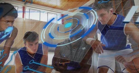 Basketball team huddling around coach with tablet and ar analytics overlay