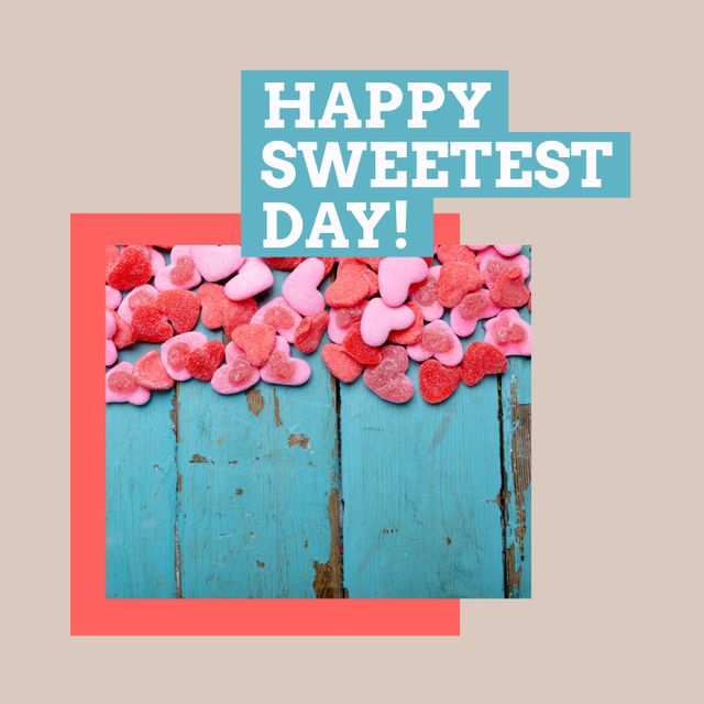 Image of happy sweetest day over beige background with heart shaped jelly. Sweets, confectionery and dessert concept.