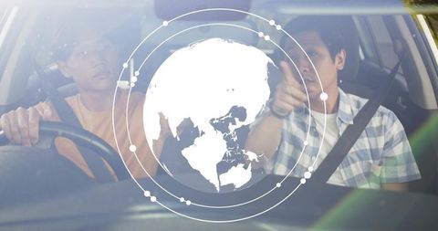 Teen passenger pointing and guiding driver with global navigation overlay