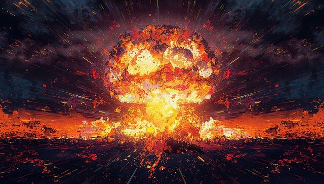 Massive Fiery Explosion with Mushroom Cloud in Dystopian Landscape