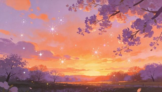 Pastel sunset meadow with purple blossoms and floating sparkles for dreamy twilight