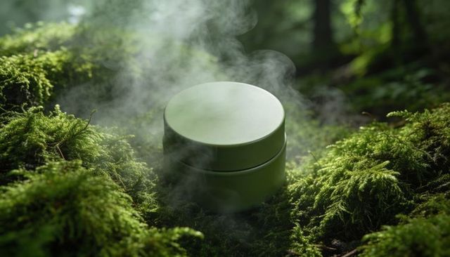 Olive green cosmetic tin releasing mist on mossy forest floor, natural skincare concept