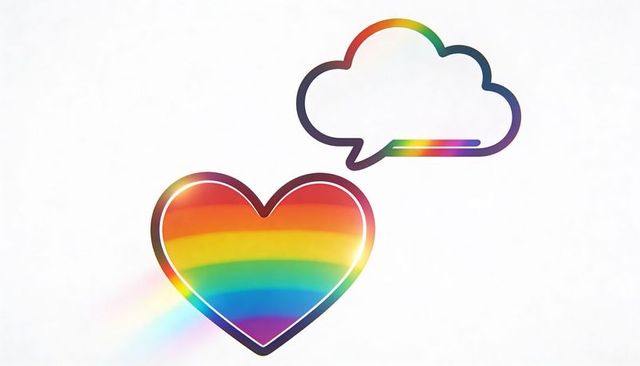 Rainbow heart with speech bubble for pride, love, inclusive messaging and social media