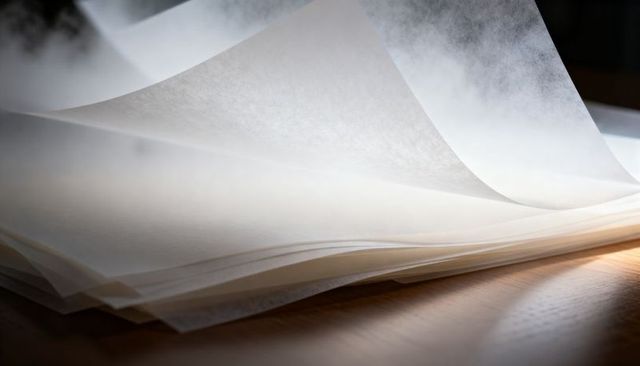 Glowing backlit translucent paper stack with curled edges on wooden tabletop, warm light