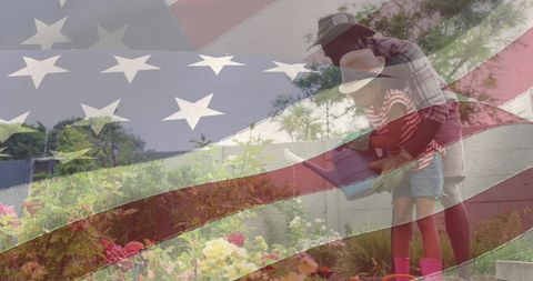American Flag Overlaid on African American Family Gardening for Patriotism and Independence