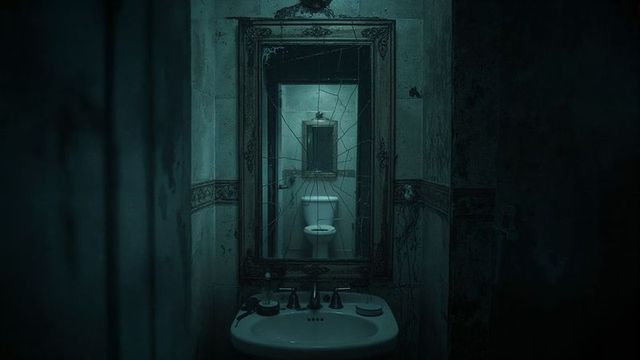 Abandoned restroom with shattered mirror and vintage atmosphere