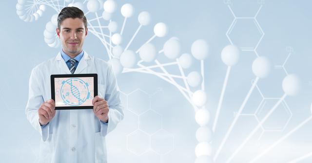 Medical professional holding a tablet with a DNA strand on screen against scientific graphic and molecules background. Ideal for use in healthcare, scientific research, genetics, molecular biology, and technology marketing materials.