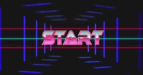 Retro Start Sign with Neon Effect Over Bluish Geometric Shapes