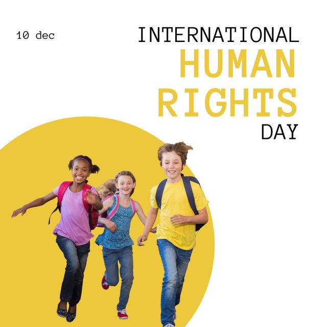 Composite of diverse children with schoolbags running and 10 dec with international human rights day. Copy space, text, childhood, education, student, equality, freedom, support and celebration.