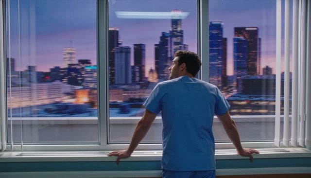 Clinician looking out over urban skyline at dusk leaning on window ledge