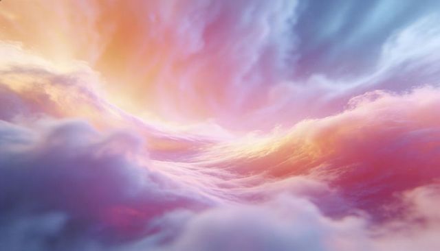 Pastel cloud valley at sunrise, ethereal soft layers drifting toward warm horizon glow
