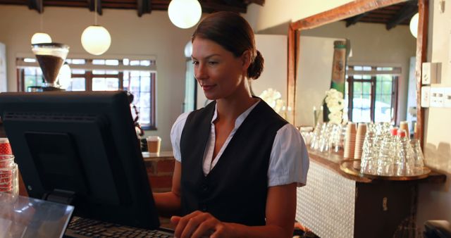 Barista Taking Orders on Computer in Modern Coffee Shop - Download Free Stock Images Pikwizard.com