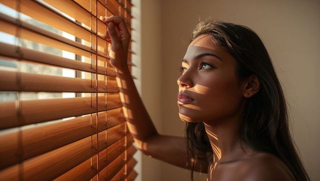Gazing Woman at Wooden Blinds Casting Golden Hour Stripes on Face for Intimate Portrait