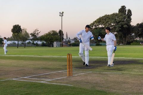 Two batsmen sharing fist bump on twilight cricket pitch with stumps and floodlight
