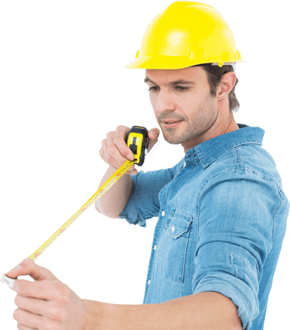 Architect in Hard Hat Measuring with Tape Transparent Background