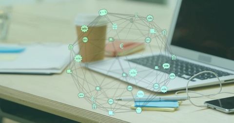 Workspace connecting devices with holographic network overlay on laptop for collaboration