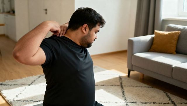 Man stretching neck and adjusting collar during home mobility routine
