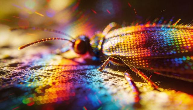 Iridescent jewel beetle macro closeup showing rainbow dotted elytra and metallic bokeh