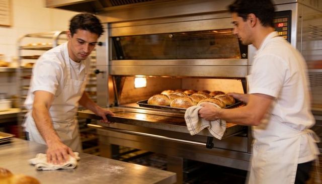 Two bakers pulling fresh loaf trays from commercial oven and wiping stainless prep table
