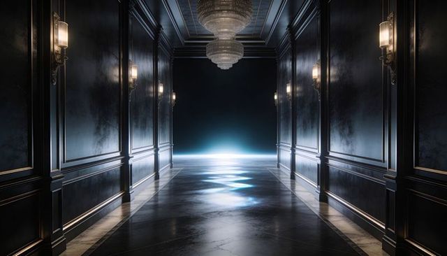 Luxurious Dark Corridor Leading to Cool Blue Glow, Marble Reflective Floor and Crystal Chandeliers