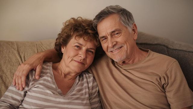 Senior couple embracing on couch smiling warmly, conveying comfort, companionship, love