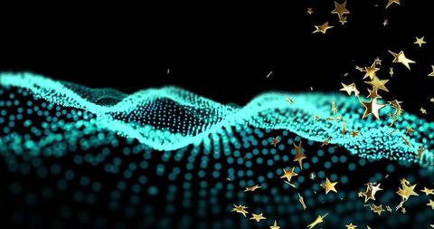 Turquoise Particle Wave Flowing Through Dark Void with Scattering Gold Stars
