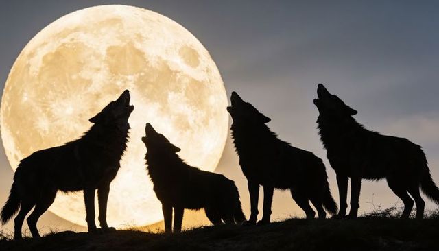 Four howling wolf silhouettes backlit by oversized full moon on rugged hilltop ridge