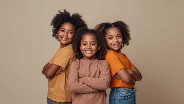 Confident smiling preteen girls with arms crossed in earth-tone coordinated outfits