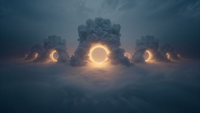 Rising cloud pillars with glowing halo portals over misty horizon