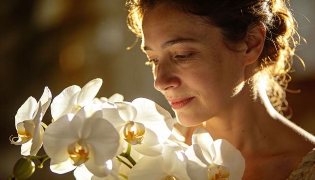 Woman holding white phalaenopsis orchids sunlit close-up portrait with rimlight soft bokeh