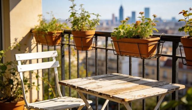 Basking bistro table with white slatted chair on sunny city balcony with terracotta planters