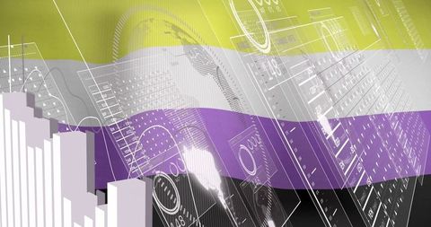 Non-Binary Pride Flag Overlays Financial Data and Cityscape