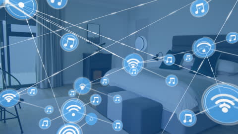 Smart Home Interface Overlays on Modern Bedroom