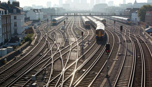 Glinting converging railway tracks with commuter trains and red signals in city rail yard